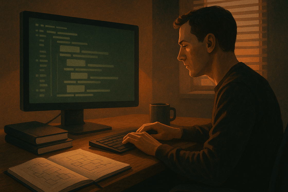 Warm engineering desk with a terminal workstation, notebooks, sketches, and dawn light across a focused coding setup