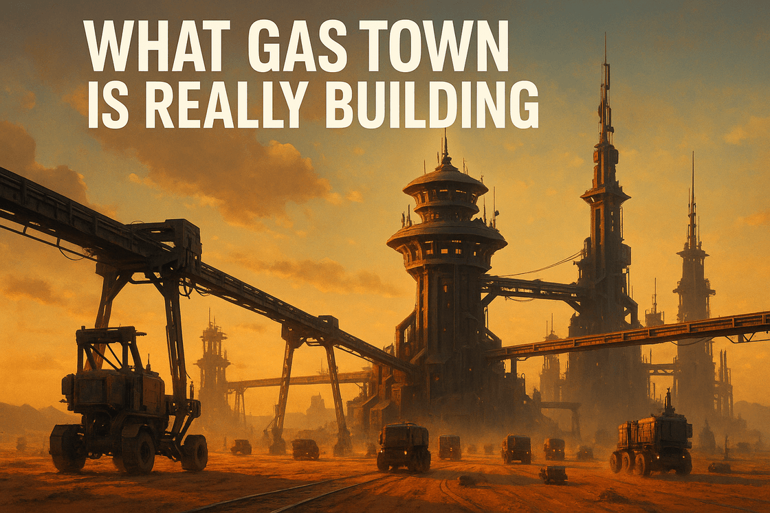 Desert industrial frontier with towering dispatch structures, heavy rigs, rail lines, and convoy traffic under a glowing sunset