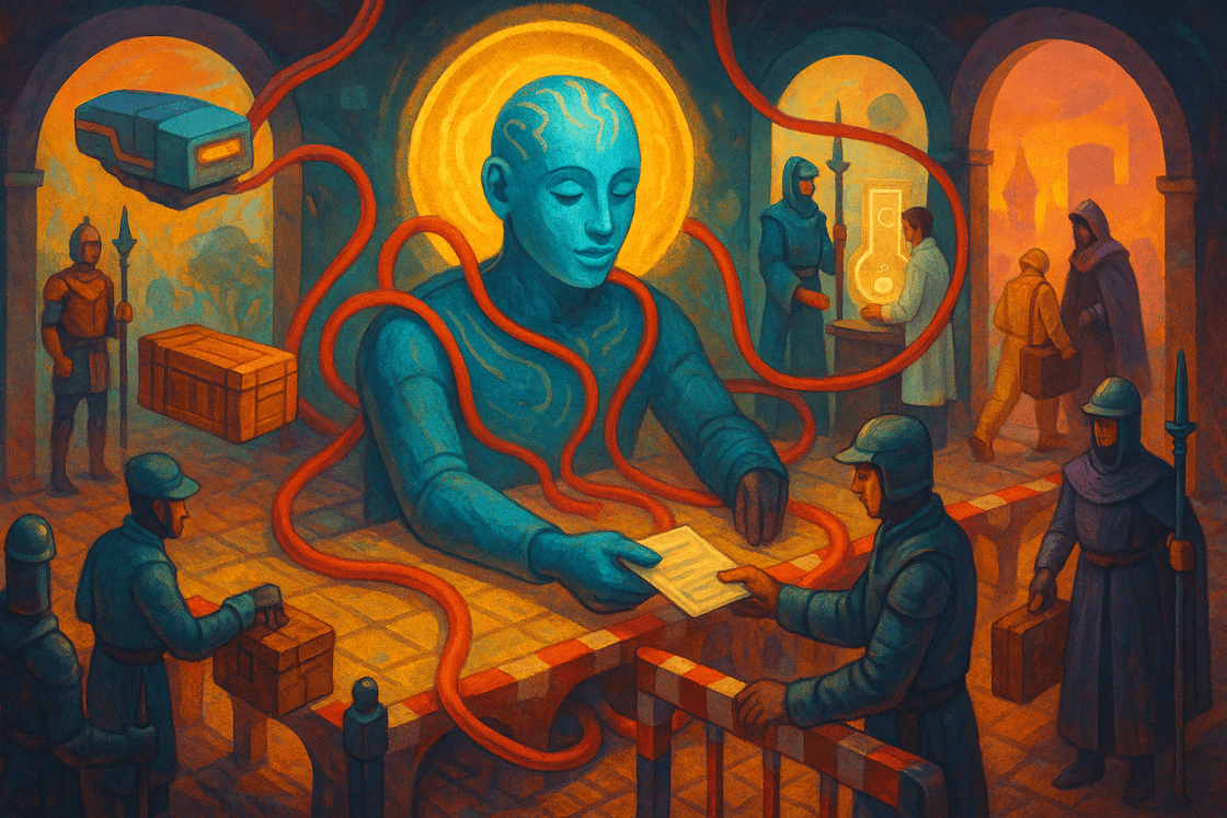 Colorful checkpoint scene where a central blue figure mediates guarded handoffs between outside systems, couriers, and controlled gateways
