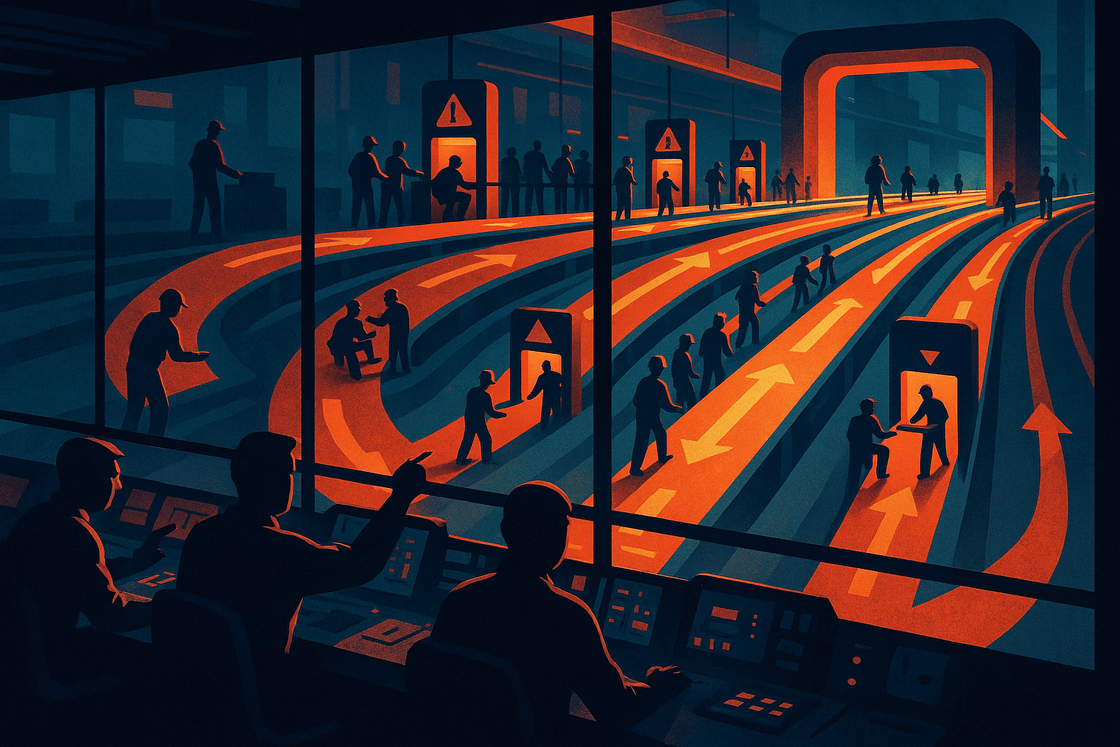 Mission-control room overlooking bright work lanes that flow through checkpoints toward a final integration gate