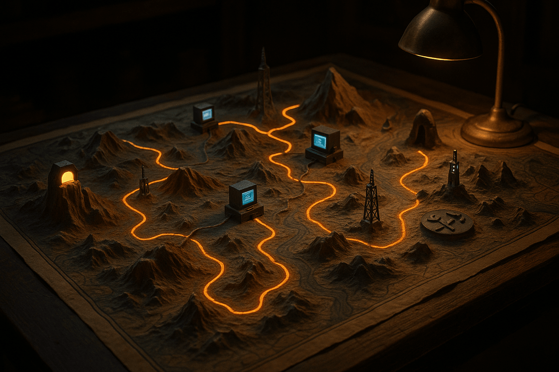 Lamplit tabletop atlas with glowing routes, miniature terminals, relay towers, and symbolic landmarks for an AI engineering journey
