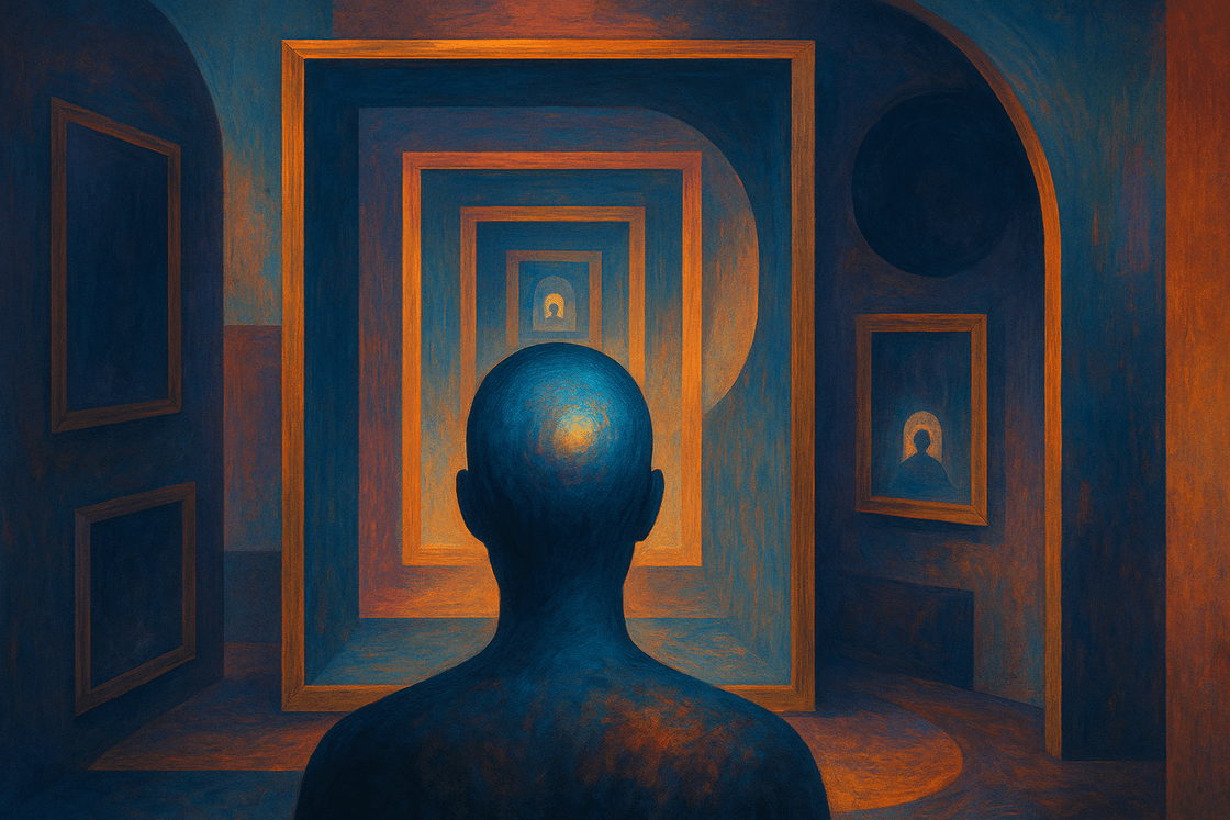 Surreal sequence of nested frames and rooms receding inward as a central figure looks through recursive layers