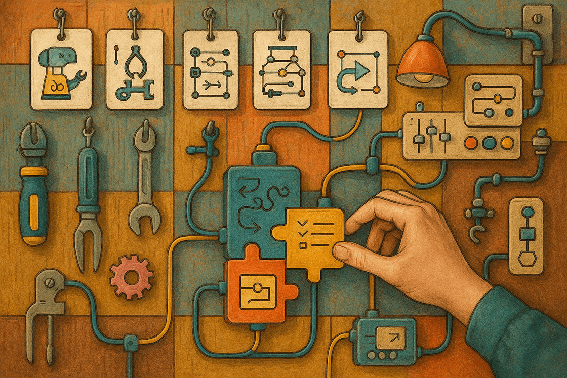Inventive workshop wall with modular tools, connected components, and crafted workflow artifacts being assembled by hand