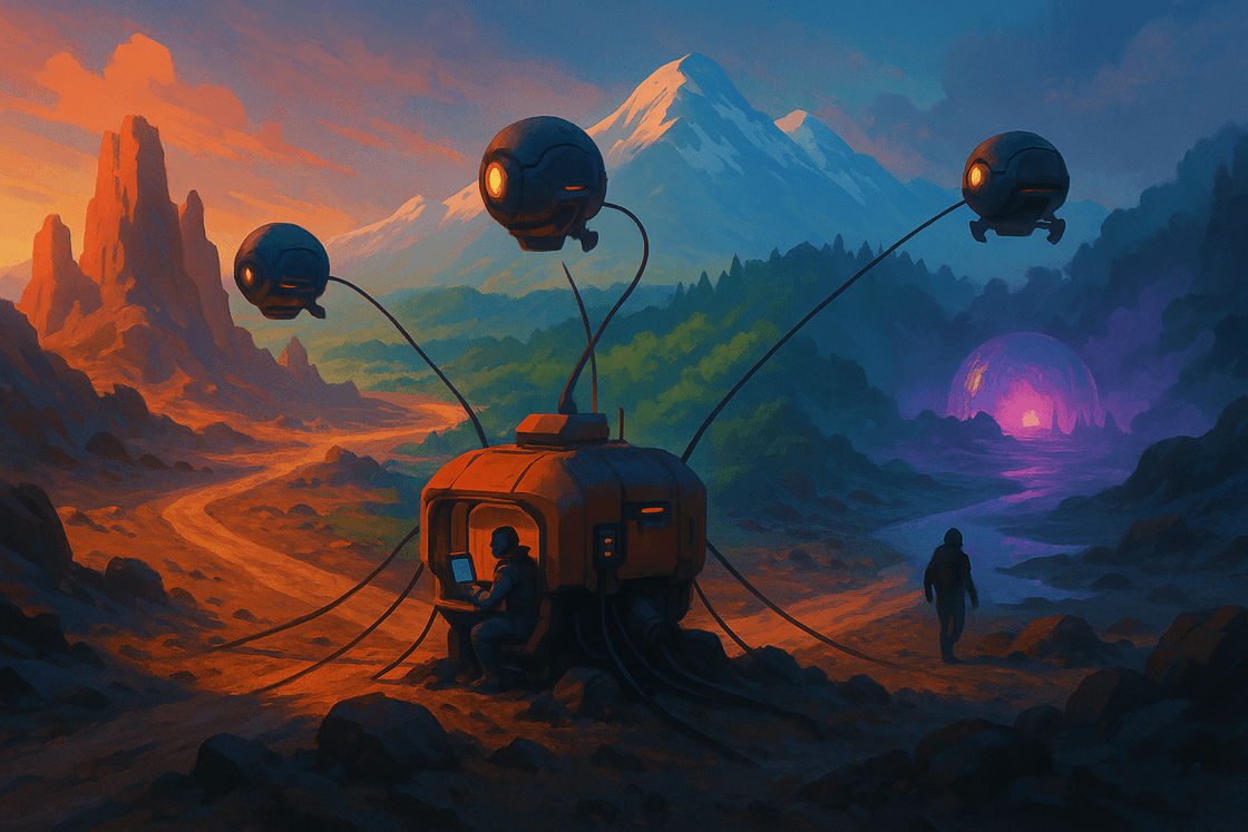 Expedition outpost sending specialist drones into separate landscapes while operators coordinate from a central station