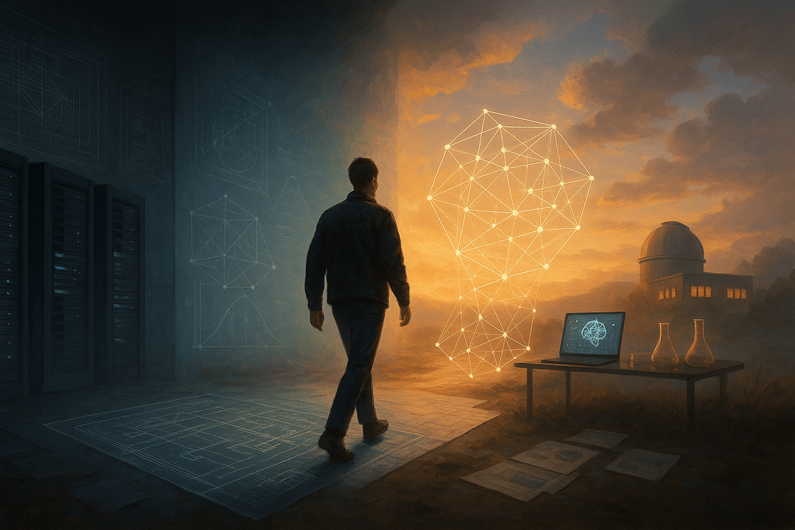 A figure stepping from a dark engineering room of servers and blueprints toward a glowing AI landscape with a luminous model form and observatory