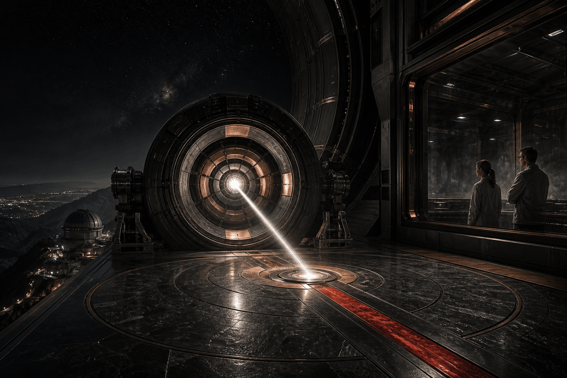 A celestial research instrument halted as its concentrated beam crosses a red safety boundary and activates nested containment shutters