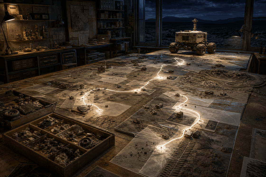 An accident investigation workshop reconstructing the illuminated path of an autonomous machine from scattered physical evidence and recorded signals