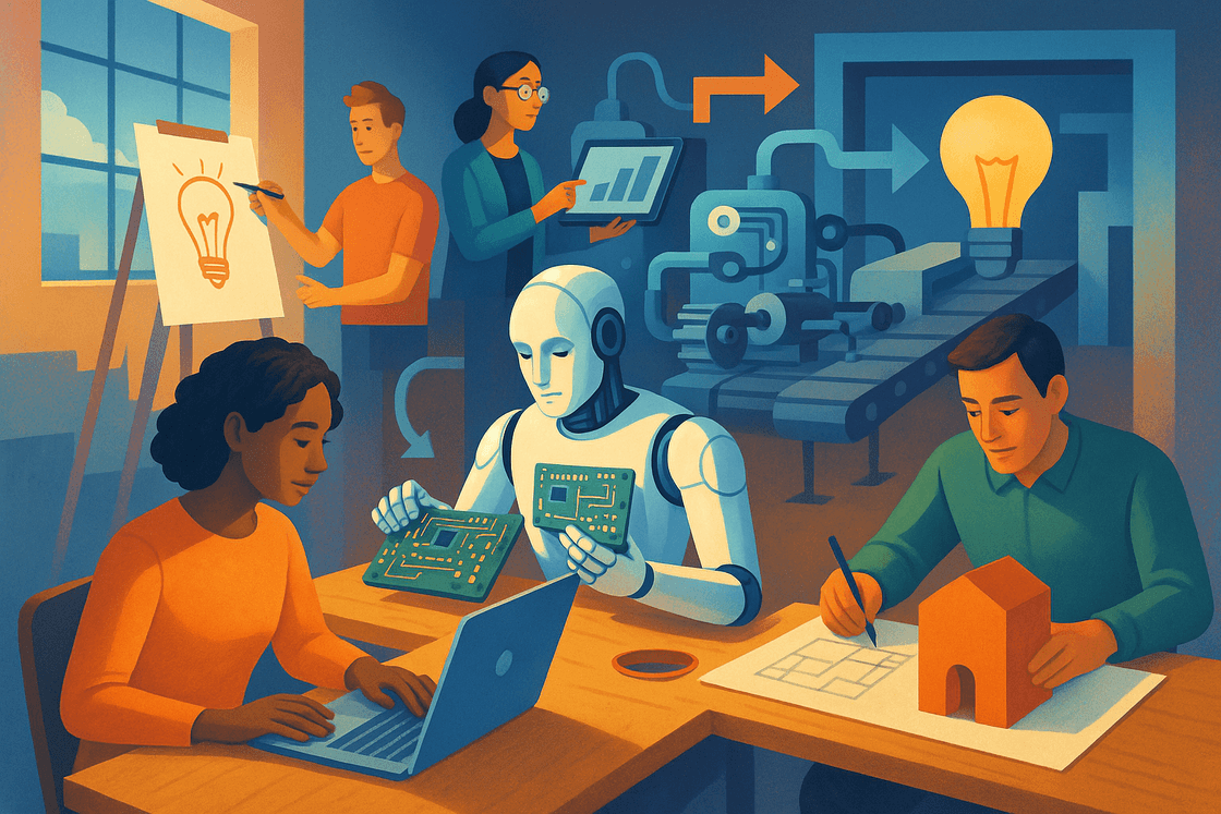 People and AI-assisted tools working together in a bright studio where ideas move quickly from sketch to finished systems