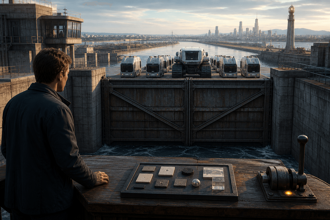 A human operator at a quiet control bridge opening one guarded lock as an autonomous machine convoy waits with visible evidence