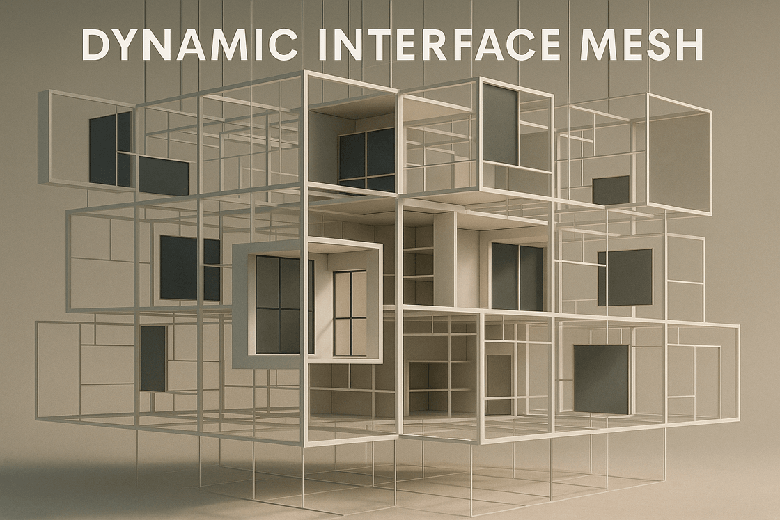 Cover illustration for Dynamic Interface Mesh showing runtime slot composition in a modular frontend