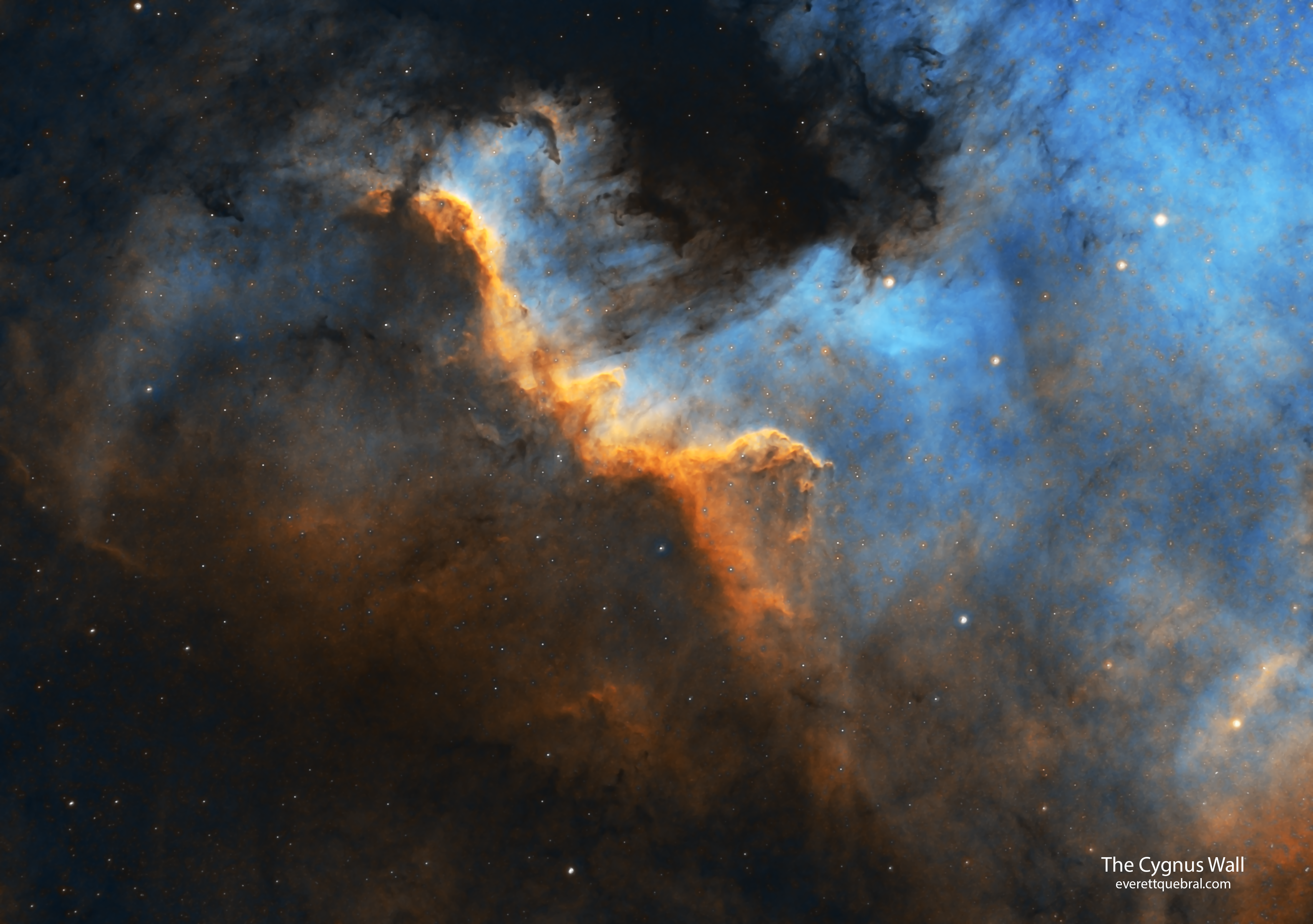 The Cygnus Wall in the North America Nebula (NGC 7000), a ridge of ionized hydrogen cut by dark dust lanes and bright star-forming edges